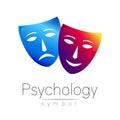 Two masks with different emotions. Vector illustration. Blue and violet color. Modern sign of Psychology. Design concept