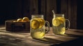 Two mason jar glasses of homemade lemonade on a rustic wooden background. Generative AI