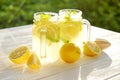 Summer healthy non alcoholic cocktails, citrus infused water drinks, lemonades with lime lemon or orange, diet detox beverages. Royalty Free Stock Photo