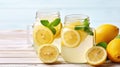 Two mason jar glasses of homemade refreshing lemonade with slices of organic ripe lemon, Generative AI