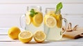 Two mason jar glasses of homemade refreshing lemonade with slices of organic ripe lemon, Generative AI