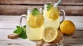 Two mason jar glasses of homemade refreshing lemonade with slices of organic ripe lemon, whole and halves, juicer, muddler, Royalty Free Stock Photo