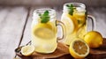 Two mason jar glasses of homemade refreshing lemonade with slices of organic ripe lemon, whole and halves, juicer, muddler,