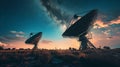 Two massive radio telescopes on Earth, scanning expanse at high-tech observatory