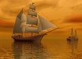Two mast schooners sails on calm sea during sunset, 3d rendering