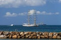 A two masted sailboat moored in a calm Caribbean harbor, Martinique island. Royalty Free Stock Photo