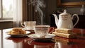 Two matching cups, one emitting steam. Plates hold assorted biscuits Royalty Free Stock Photo