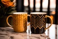 two matching designer coffee mugs on a table Royalty Free Stock Photo