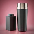 Two matte black containers with metallic accents on a pink gradient background bottle canister Royalty Free Stock Photo