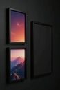 Two matte black frames against a stark black backdrop , elegant, picture frame, object