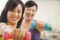 Two mature women lifting weights in the gym and looking at the camera