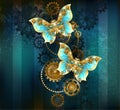 Two mechanical butterflies on blue striped background