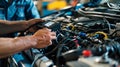 Two mechanics are repairing a car engine in a garage Royalty Free Stock Photo