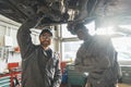 Two mechanics wearing uniforms in a car repair shop posing under a car on a lift Royalty Free Stock Photo