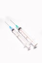 Two medical syringe closeup on white background isolated Royalty Free Stock Photo