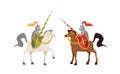 Two medieval knights. Brutal warriors on horse in armor with shields battle, honor concept, illustration for child book