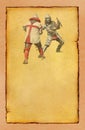 Two medieval knights fighting- retro postcard Royalty Free Stock Photo