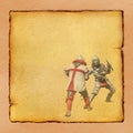 Two medieval knights fighting- retro postcard Royalty Free Stock Photo