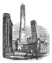 The two medieval Towers of Bologna, Bologna, Italy, vintage engraving