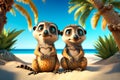 Two meerkats on the beach with palm trees in the background. Generative AI Royalty Free Stock Photo