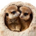 Two meerkats cuddle together in their sandy burrow appearing affectionate on transparent background Royalty Free Stock Photo