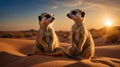Two Meerkats Gazing at Each Other in a Desert Landscape at Sunset, Companionship Royalty Free Stock Photo