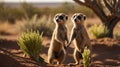 Two Curious Meerkats Standing Alert Together in the African Savannah Landscape Royalty Free Stock Photo