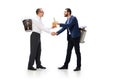 Two mem holding trash bins on backs, shaking hands, cleaning garbage isolated over white background