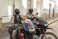 Two members of the special Delta police force sitting on their high powered motorbikes in a side street in Sucre Bolivia