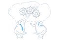 Two men brainstorming gear wheel working together process strategy concept sketch doodle