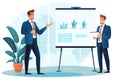 Two men in business attire standing in front of a whiteboard, giving a presentation, Male business coach speaker in suit give Royalty Free Stock Photo