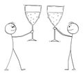Two Men or Businessmen Celebrating Success With Glasses of Wine, Vector Cartoon Stick Figure Illustration