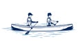 Two men canoeing on a river vector illustration Royalty Free Stock Photo