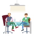 Two men in casual clothes sitting at office desk with a cup of coffee. Job interview or business meetings. Vector