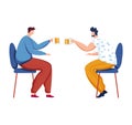 Two men clinking beer mugs sitting on chairs. Casual meeting, friends enjoying drinks. Celebration and friendship vector