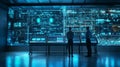 Two men in a dark room gaze at a large screen showing a complex network of lines