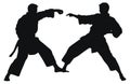 Two men demonstrate karate, Men demonstrate karate, Fight between two aikido fighters vector silhouette Royalty Free Stock Photo