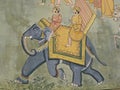 Two men on an elephant painted on a mural in the Mehrangarh Fort, Jodhpur, India