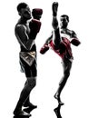 Two men exercising thai boxing silhouette Royalty Free Stock Photo