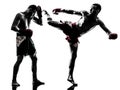 Two men exercising thai boxing silhouette Royalty Free Stock Photo