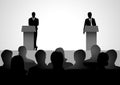 Two men figure debating on podium