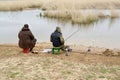 Two men on fishing at the river Manych. Kalmykia