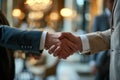 Two men greet each other with a handshake and a smile, business meeting image Royalty Free Stock Photo