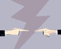 Two men hands with pointing finger directed at each other. Vector illustration. Concept of arguing, accusation, business responsib