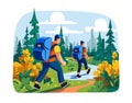 Two men hiking through forest, trekking towards city skyline, wearing backpacks caps, surrounded