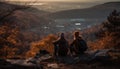 Two men hiking mountain peak, extreme sport, backpack, landscape, sunset generated by AI