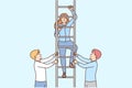 Two men hold ladder with girl for concept close-knit business team and career success Royalty Free Stock Photo