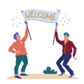 Two men holding banner, placard with Welcome text Royalty Free Stock Photo