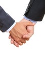 Two men holding hands on white background. Couple of friends or lovers together with formal garment. Vertical photo