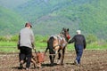 Two men and a horse plowing and sowing